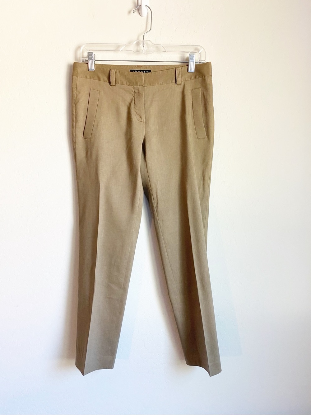 Theory Tailored Straight-Leg Tapered Ankle Wool/Linen Trousers Khaki/Tan Size 4